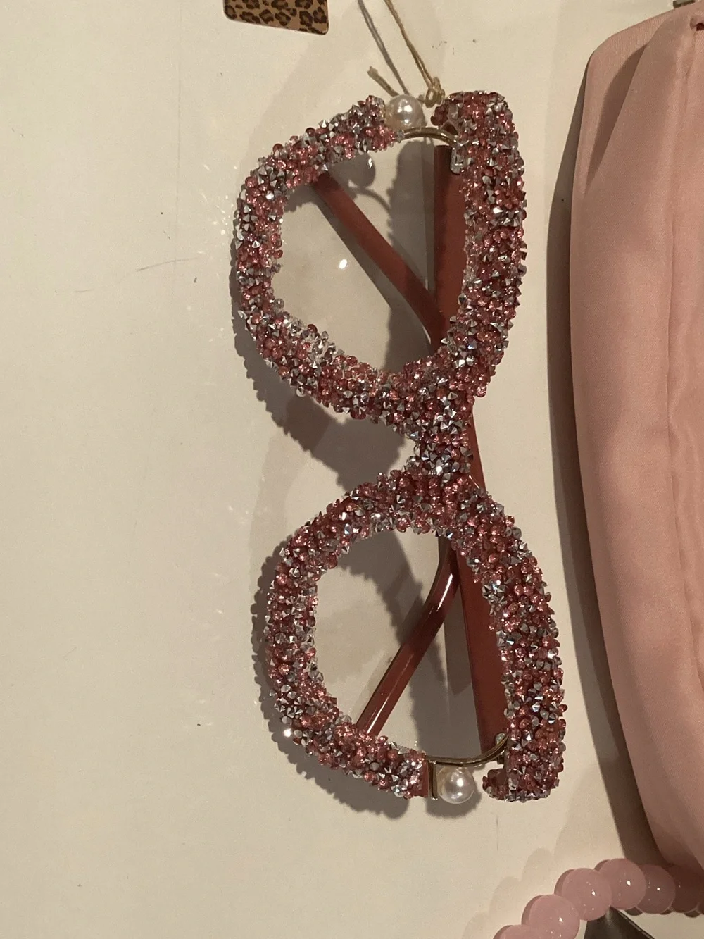 Crystal-Embellished Pink Sunglasses with Pearl Detail